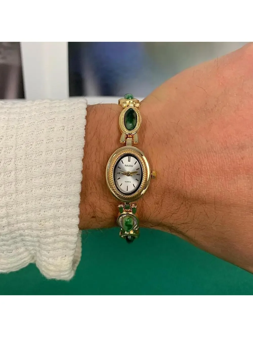 Y2k style Dainty cute Gold style tone quartz watch with green jade stone opal ac
